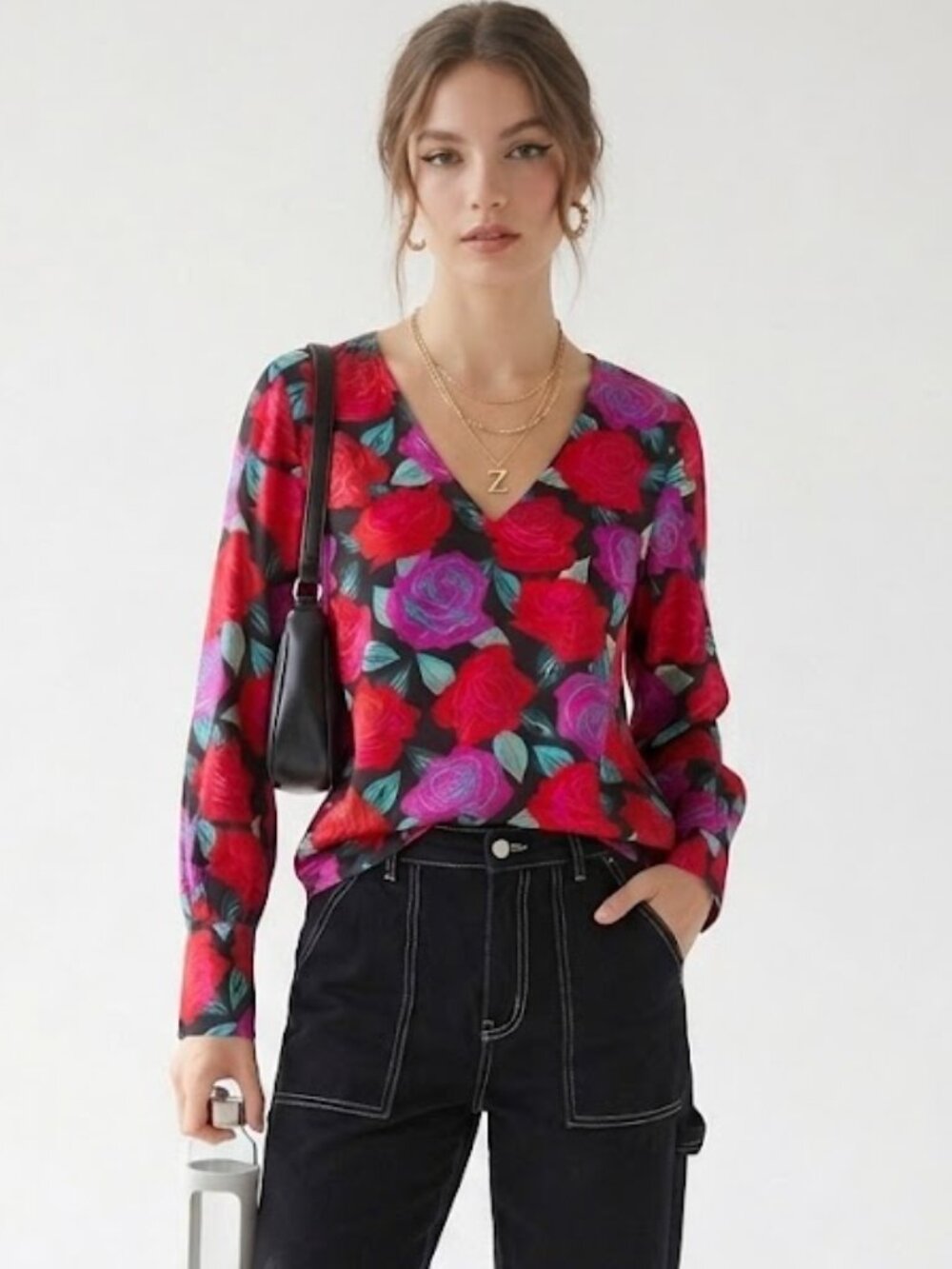 Cupcakes & Cashmere Satin Floral Blouse S Iridescent Rose Print Top